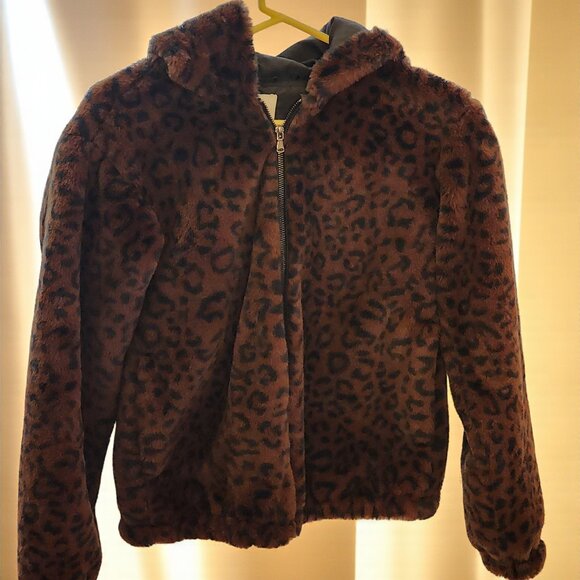 Nine West Faux Fur Leopard Print Hooded Jacket XS – Soft & Stylish - Picture 1 of 10